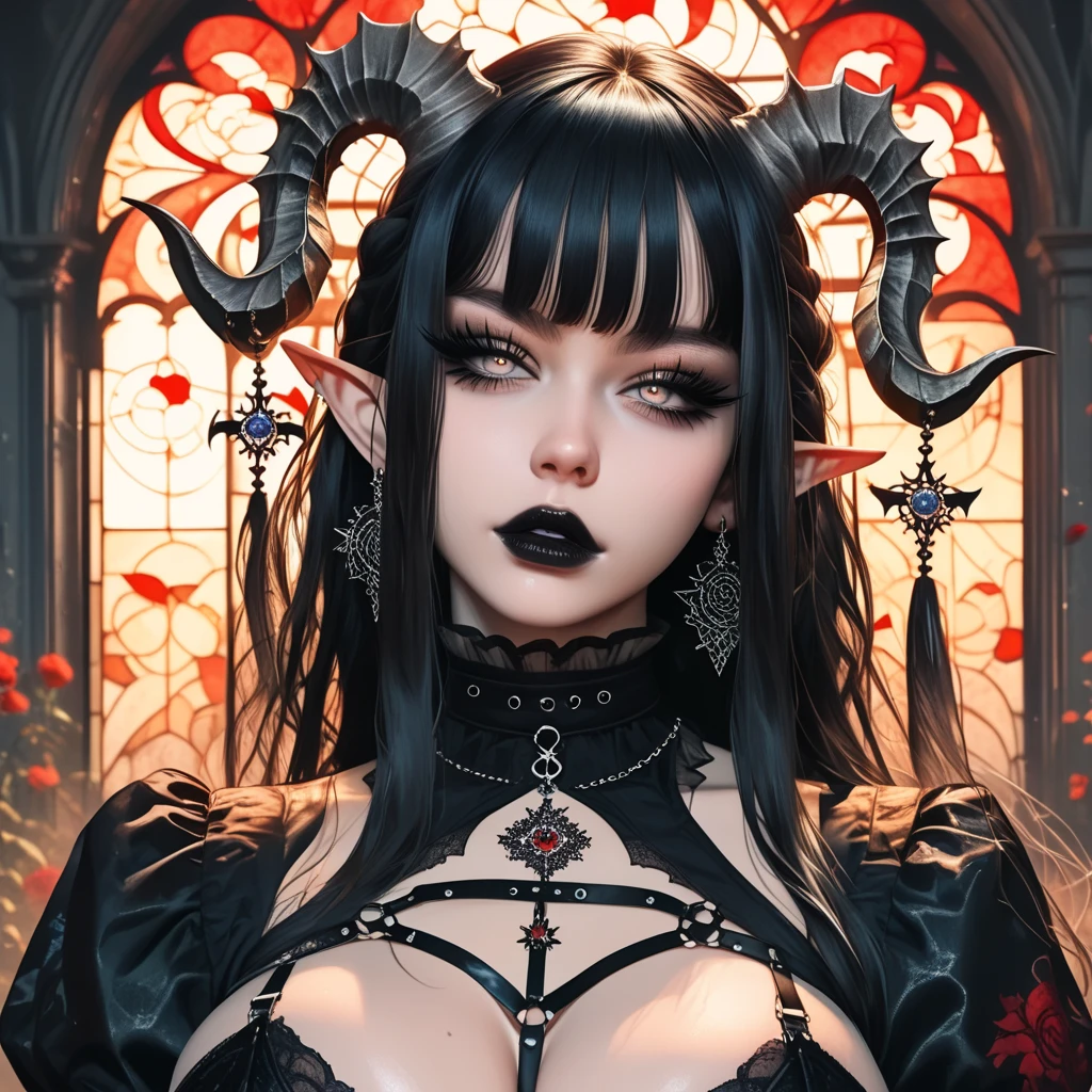 ((Masterpiece)), ((highres)), a beautifully detailed woman with demon horns, pale skin almost grey, defined eyes, ((grey iris)), dark eye shadow, long eyelashes, elf ears, defined lips, black lipstick, ((long black hair)), hourglass body, big butt, ((big breast)), red stained glass background, black clothes, (((gothic theme)))