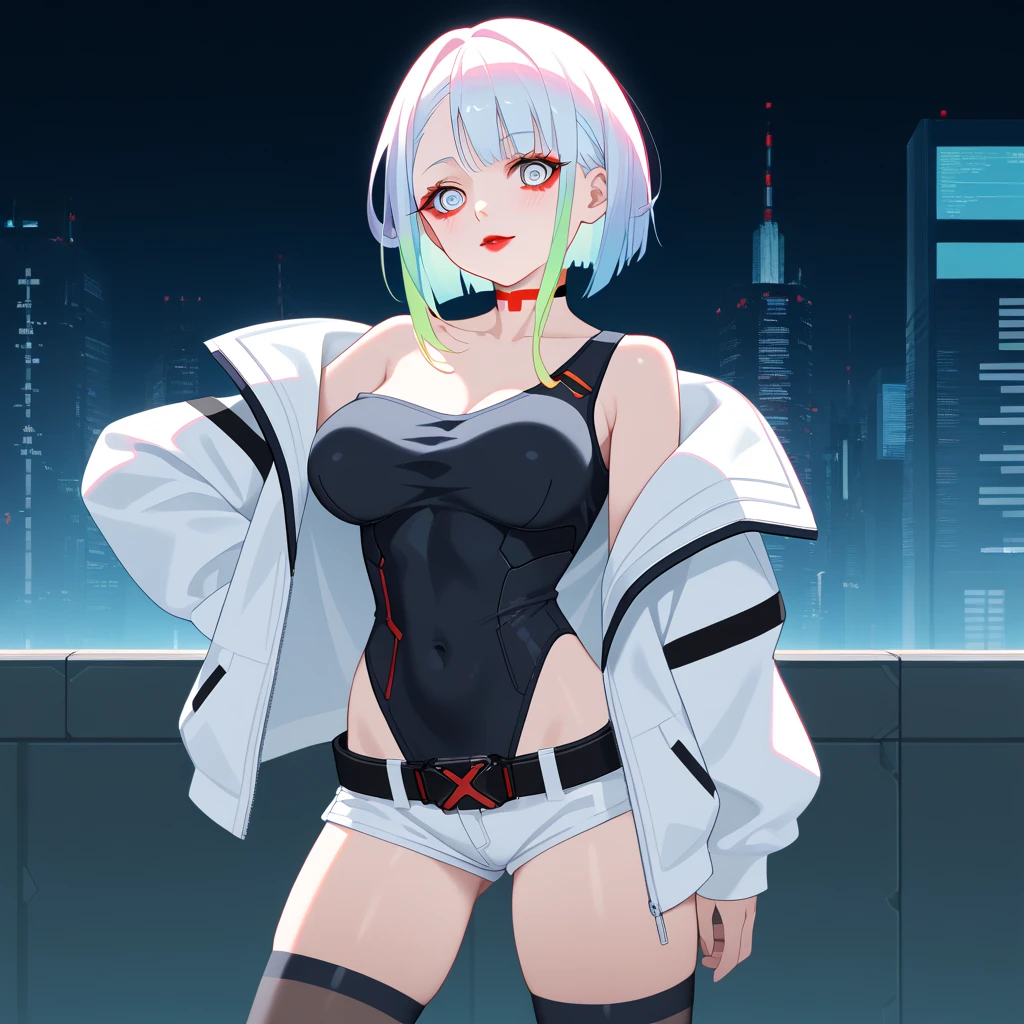 White hair, crimson eyes, pale skin, woman, black jacket, open jacket, short hait, City, Night, topless, medium sized breasts, 1girl, tomboy, NSFW