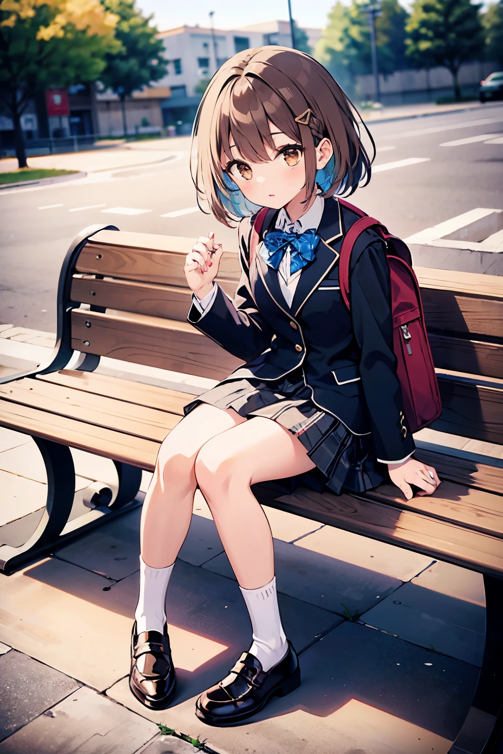 Anime girl sitting on a bench with a backpack on her lap - SeaArt AI