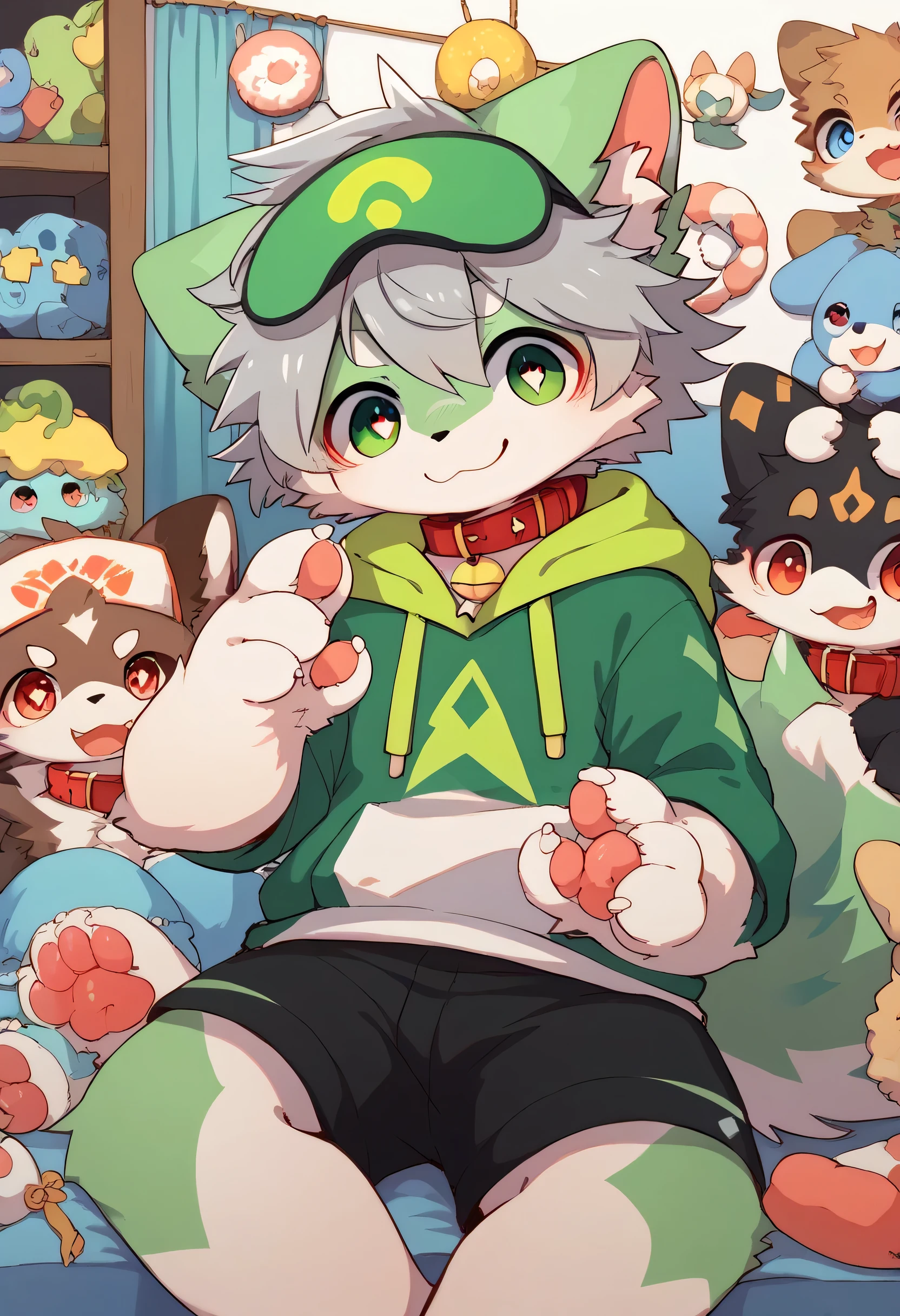   very detailedな,  very detailed,  brown fur gray hair ,male,骨 を見て excited,Heart Eye,participate, green、white、 and colorful hat ,  cute face, sitting！,Red collar,Black Ear ,  something like fluffy fur, excited,Horny boy,美しいroom, room ,smile,Dropped ears,  play with toys !  my mental age   ,want,  black shorts, green and white hoodie 