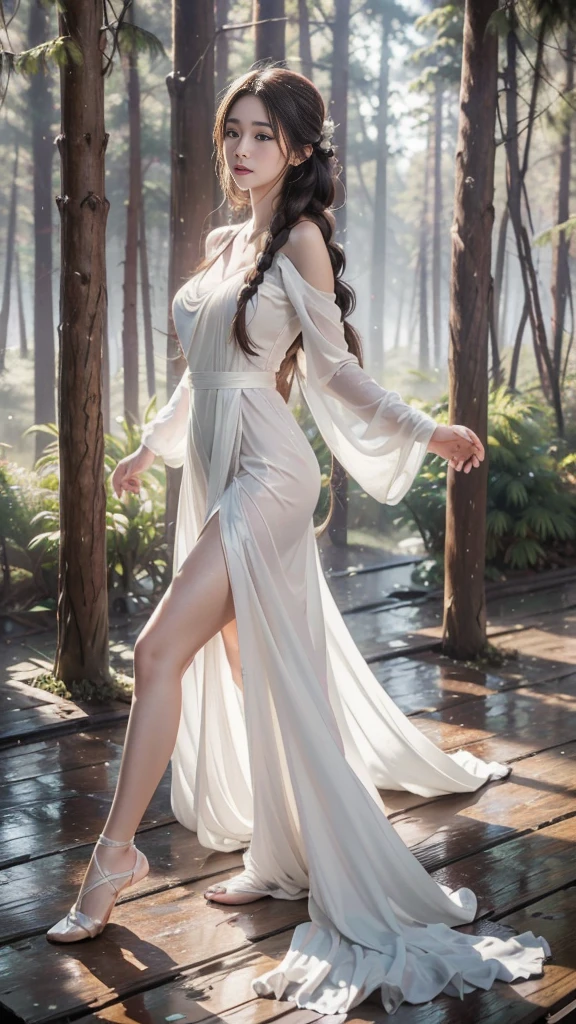 There is a woman in a white dress standing on the rock, elegant dress, flowing white robe, wearing a white elegant dress, flowing robe, flowing robes, Flowing white dress, Fluid magic robe, flowing robe, Flowy silk slip dress, Wearing a flowing long fabric, wearing a elegant dress, flowy fabric, Gauzy angel dress, Wearing a semi-transparent sheet