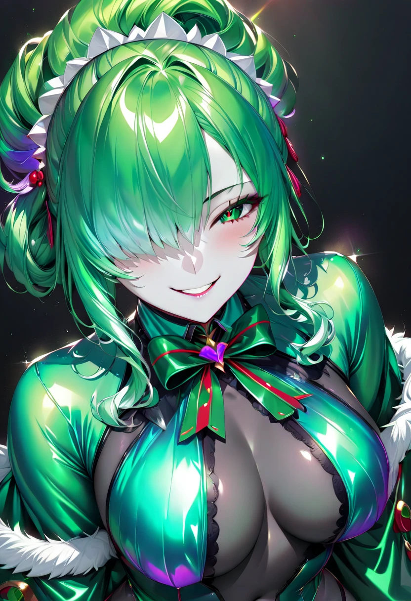 from above, cool beauty dark Santa Claus, yandere, evil smile, grin, lewd smile, vivid and seductive expression, cortesy, elegance, dignity, superlative great body proportion, wearing gorgeous transparent green Santa Claus costume, iridescent shining glossy silky messy half updo, hair over one eye, professional and perfect composition, extremely delicate depiction, extremely clear image, effective effects, bold and dynamic, contrasts of light and shadow, 2.5D, artistic photography, hyper realistic, ultra detailed, absolutely resolution, masterpiece