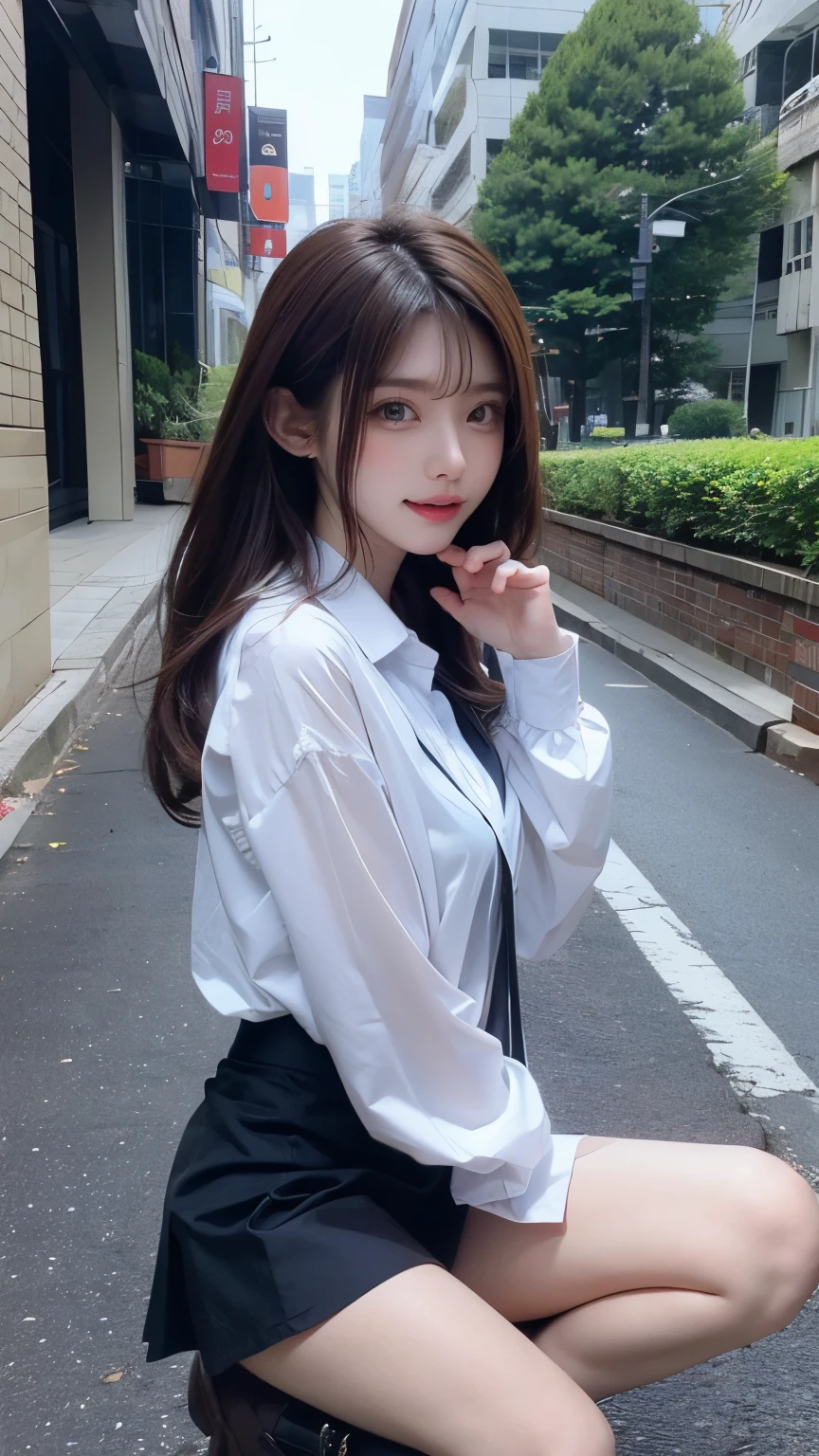 ((Best of the highest quality, 8k, Masterpiece: 1.3, raw photo)), Sharp focus: 1.2, (1 AESPA, slim body type female, 21 y/o: 1.1), (Solo: 1.2), (realistic, photo-realistic:1.37), face focus, cute face, finely eyes, (droopy eyes: 1.32), (Emphasize prominent aegyo-sal with bright: 1.2), shimmering eyeshadow applied under the lower lash line, paired with thick, (small breasts, flat chest, Thigh: 1.3), (wet hair, short messy hair, bangs: 1.28), (wet body, wearing blazer and shirt of school uniform, panties: 1.32), (ribbon: 1.2), walking terrace dining, sun light, flower, arms up,