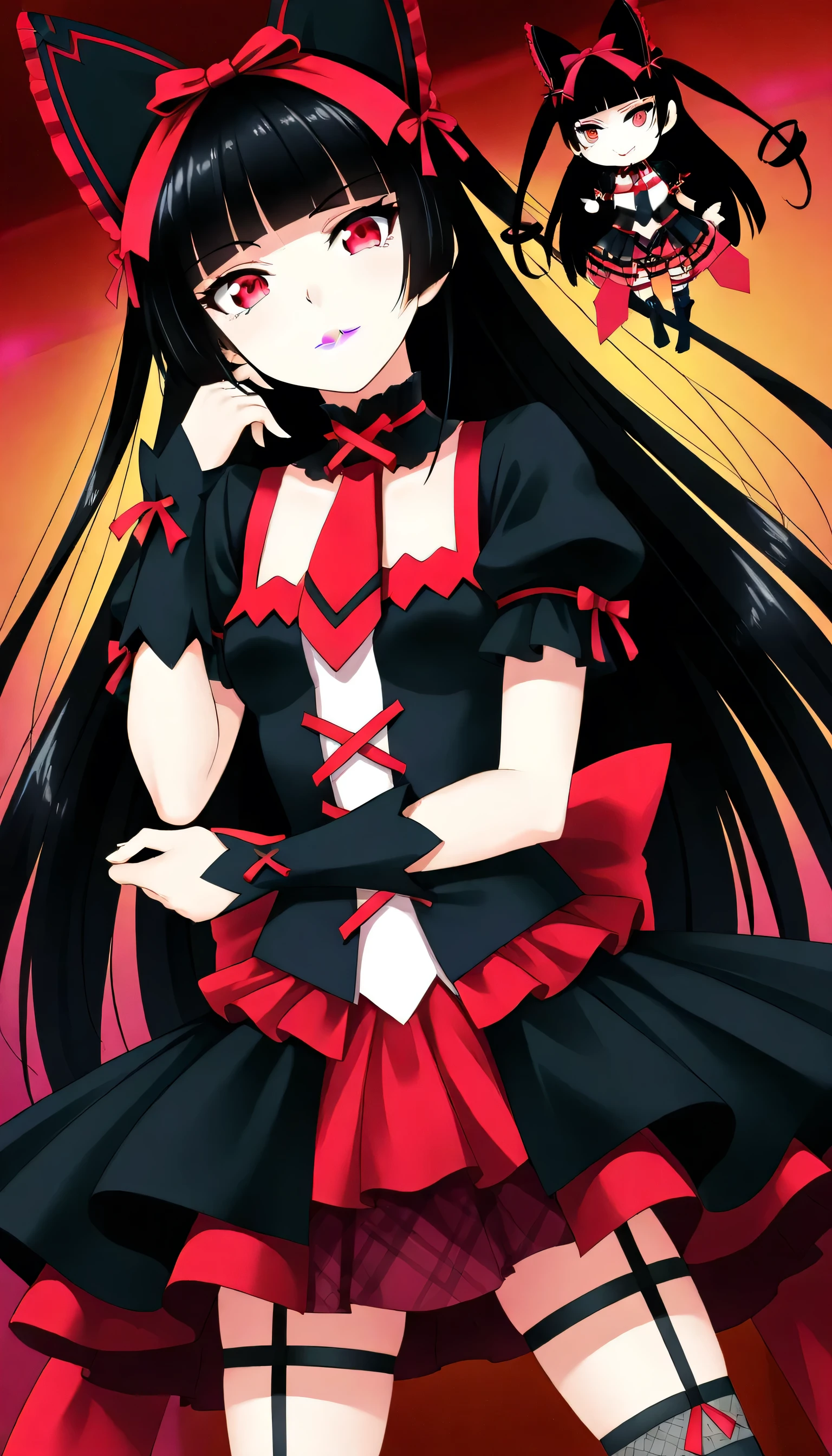 ( upper body:1.3), Rory Mercury,  long hair,  black hair, ( red eyes:1.3), bangs, blunt bangs, hime cut, knee-high, bow, ribbon, hair ribbon,  garter strap,  dress, black  dress,  puffy sleeves, frills, Separate sleeves,  ties, red  ties, lipstick, purple lipstick,(Chibi),( upper body:1.3),, malicious laughter ,( expand your legs:1.3),masterpiece, noise reduction as original image, perfect anatomy, high definition ,  ultra detail , game cg, Dutch Angle , beautiful detailed eyes, visual art, Five Fingers , perfect hand,  perfect lighting