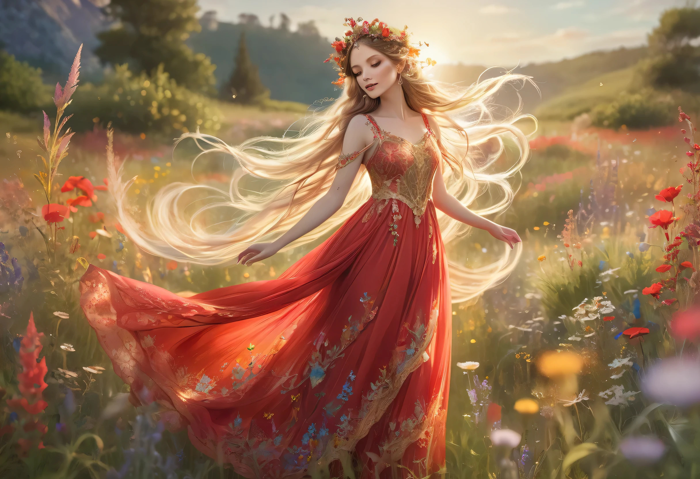 A beautiful fairy standing gracefully in a vibrant meadow filled with wildflowers, wearing a flowing red dress with intricate lace details and a floral crown on her head. Her delicate golden wings shimmer in the sunlight as they spread gently behind her. The background features soft lighting with a dreamy atmosphere, butterflies fluttering around, and a blend of warm pastel colors. The fairy appears serene and elegant, with her hair flowing in the breeze, surrounded by a magical, enchanting natural setting.