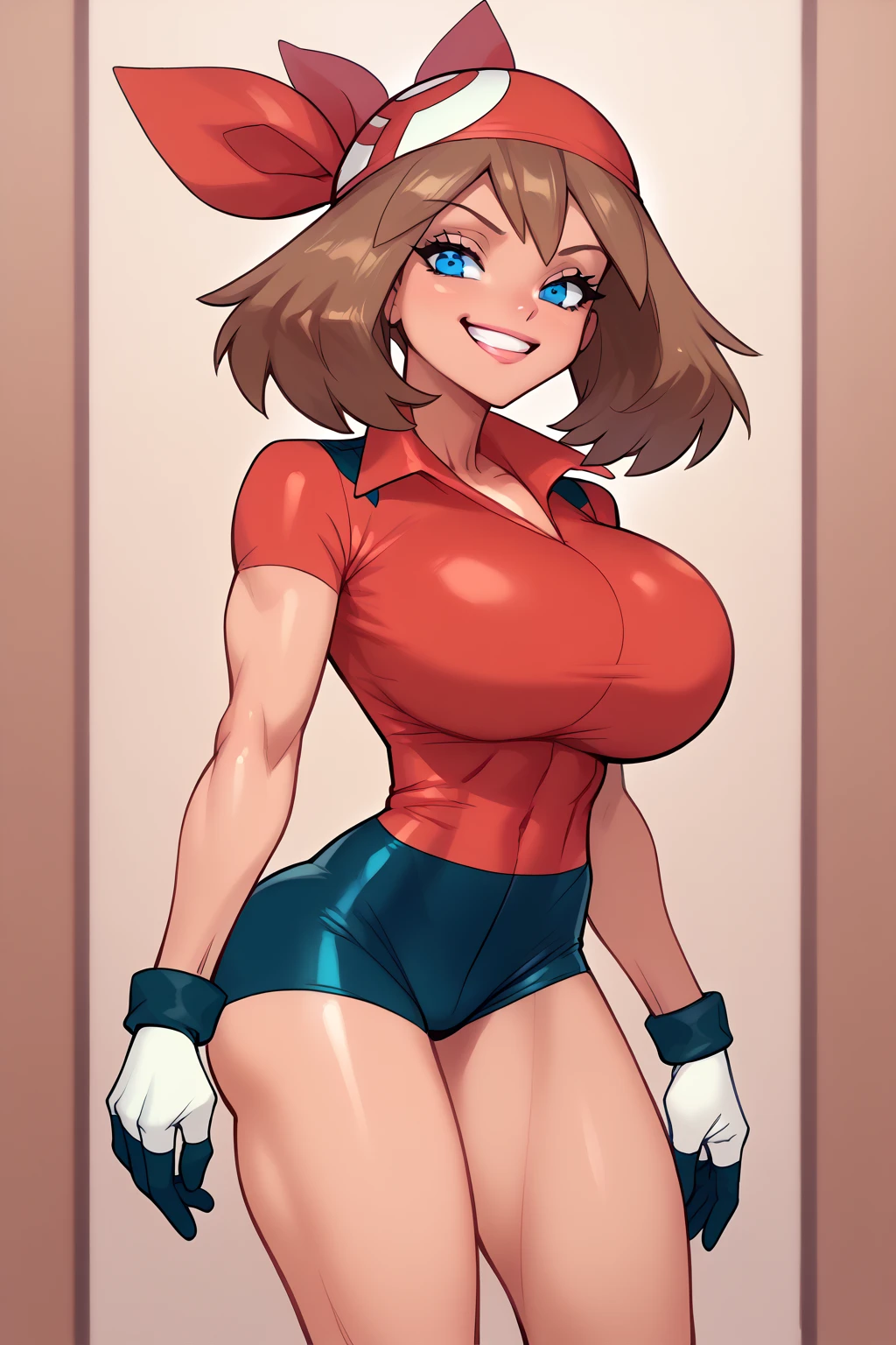 score_9, score_8_up, score_7_up, score_6_up, BREAK, zzMay, solo, blue eyes, brown hair, short hair, red bandana, red shirt, short sleeves, gloves, black shorts, torso, smug smile, gigantic bust, toned, strong, bimbo body, 