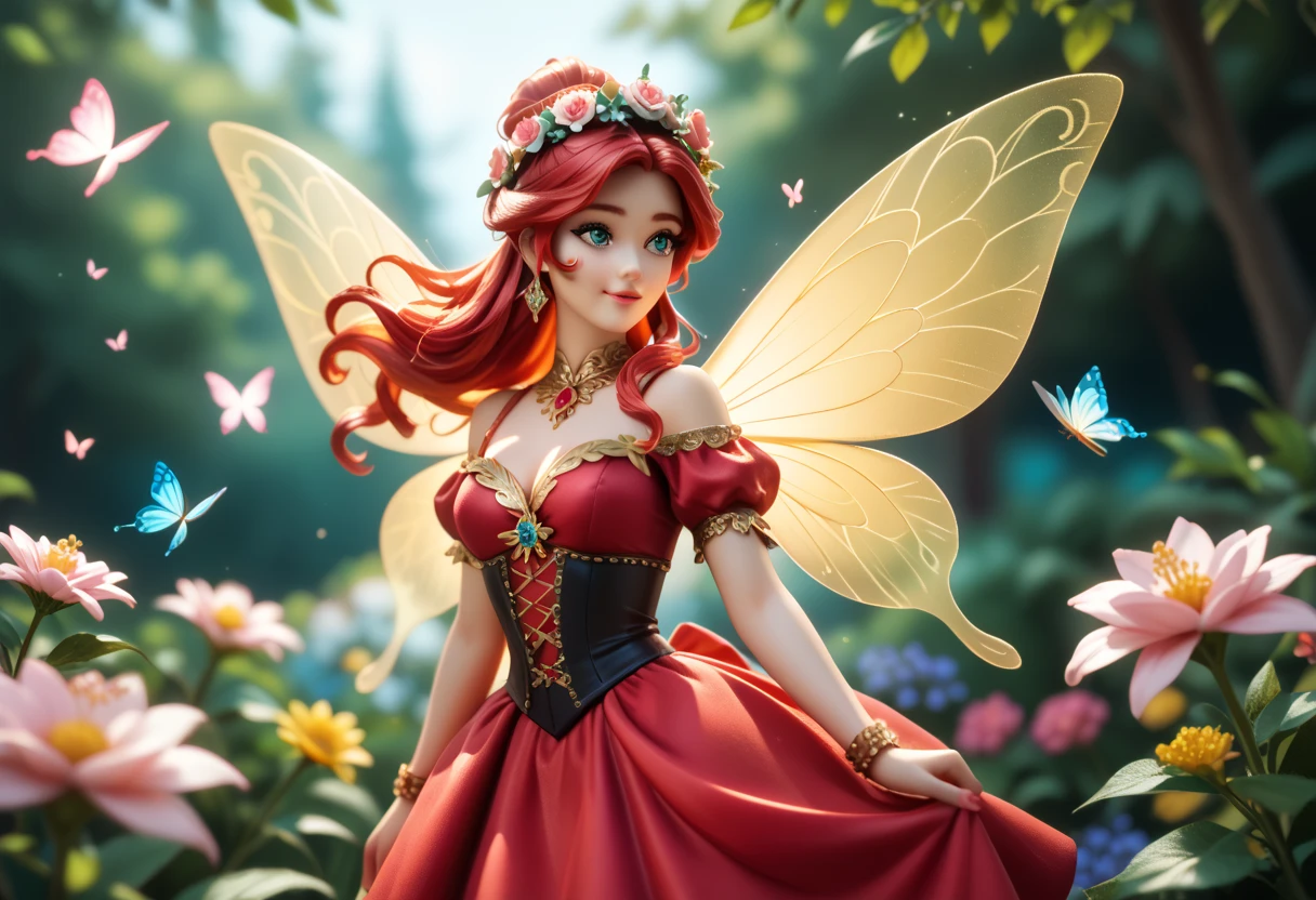 A beautiful fairy standing gracefully in a vibrant meadow filled with wildflowers, wearing a flowing red dress with intricate lace details and a floral crown on her head. Her delicate golden wings shimmer in the sunlight as they spread gently behind her. The background features soft lighting with a dreamy atmosphere, butterflies fluttering around, and a blend of warm pastel colors. The fairy appears serene and elegant, with her hair flowing in the breeze, surrounded by a magical, enchanting natural setting.
