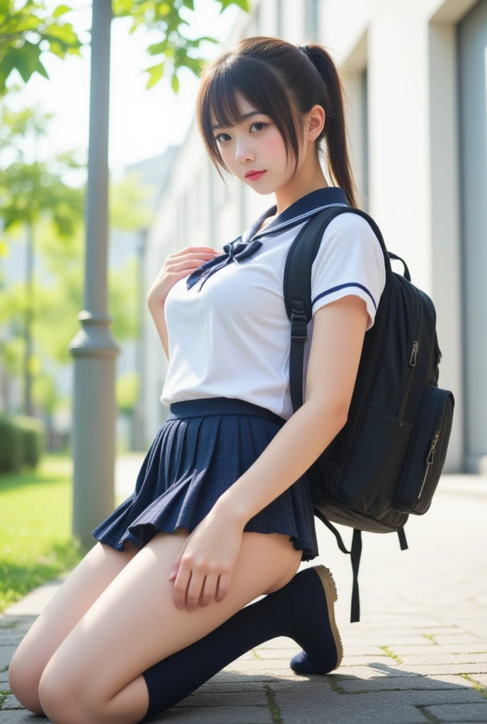 Masterpiece, 8k, Photorealistic, Raw photo, top-quality, Beautiful Japanese High school girl, Photorealistic, (Plump breast:1.3), Dynamic angle, 
school uniform, Dark blue socks, Coin-Lofer, Straddling tab;e, legs spread apart, white pantie, White blouse, dark blue Butterfly styled check-pattern ribbon at collar, plaid pleated short skirt, carrying Brack backpack , (From below1.3), morning, Ponytail, Sunshine, Closeup,