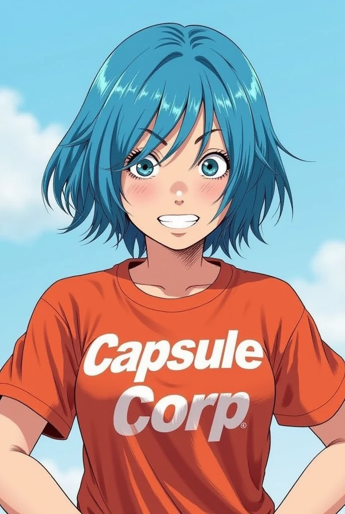 Bulma smiling wearing a t-shirt that says capsule corp