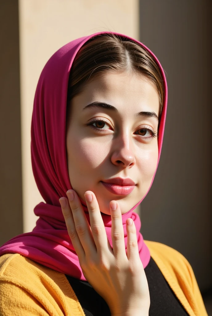 one real persian women, beautiful detailed eyes, beautiful detailed lips, extremely detailed face and skin, white skin, long hair, hijab, looking at camera, intricate jewelry, flowing colorful scarf, dramatic lighting, cinematic, serene expression, hyper realistic, photorealistic, 8k, high resolution, masterpiece, (best quality:1.2), (photorealistic:1.37), ultra-detailed, cinematic lighting, warm color palette, dramatic shadows, elegant, majestic, regal