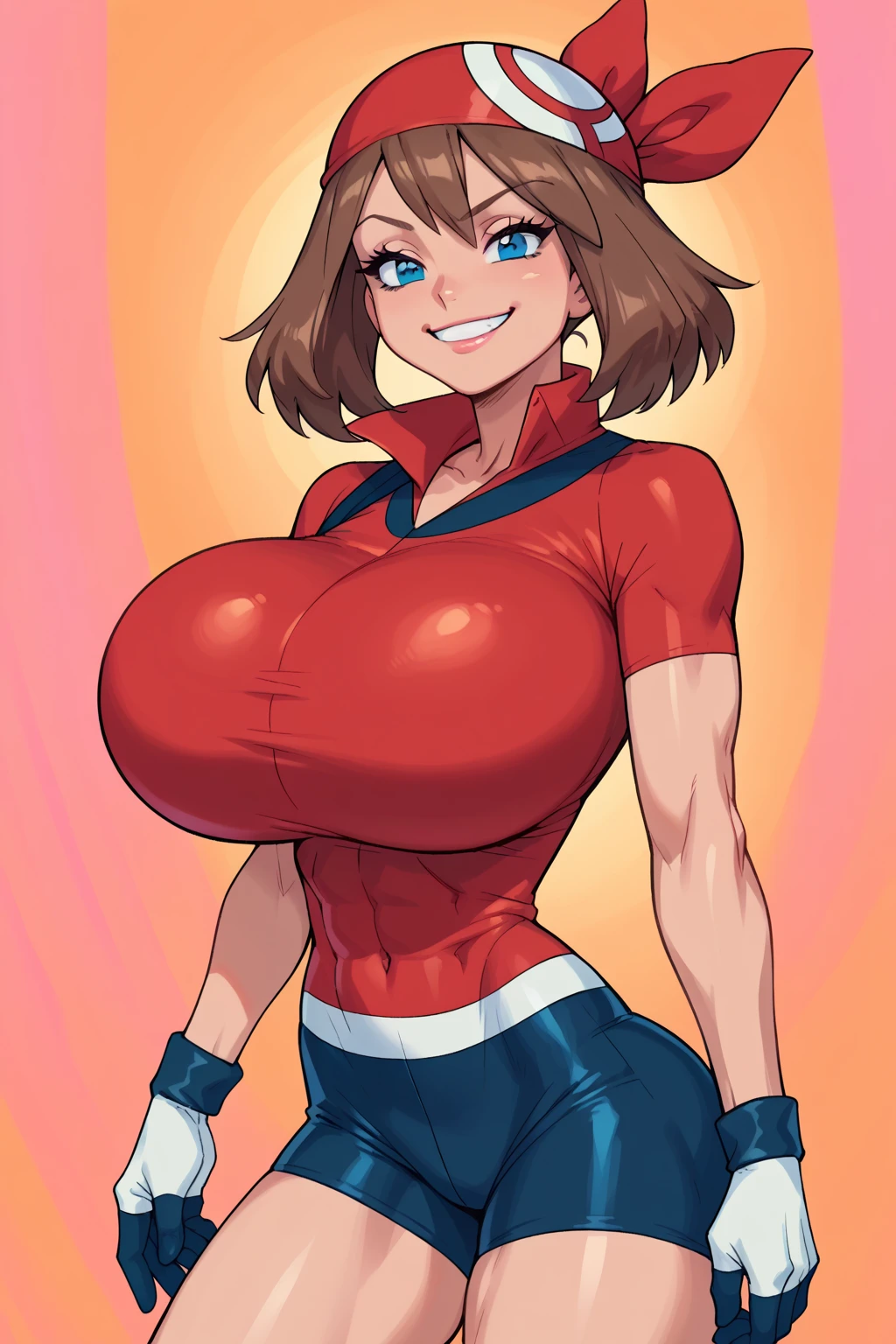 score_9, score_8_up, score_7_up, score_6_up, BREAK, pokemonmay, solo, blue eyes, brown hair, short hair, red bandana, red shirt, short sleeves, gloves, black shorts, torso, smug smile, gigantic bust, toned, strong, bimbo body, 