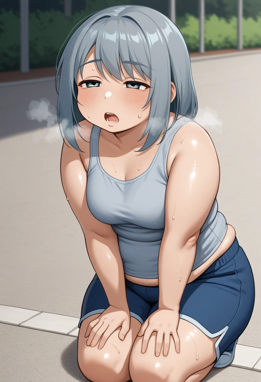 KPYoriGirl, score_9, 1girl, solo, outdoors, in school, oversized gray tanktop, blue shorts, bending ovet pose, tired, half body, sweaty, out of breath, dripping sweat, wet with sweat, open mouth, hands on knees, chubby, slightly obese