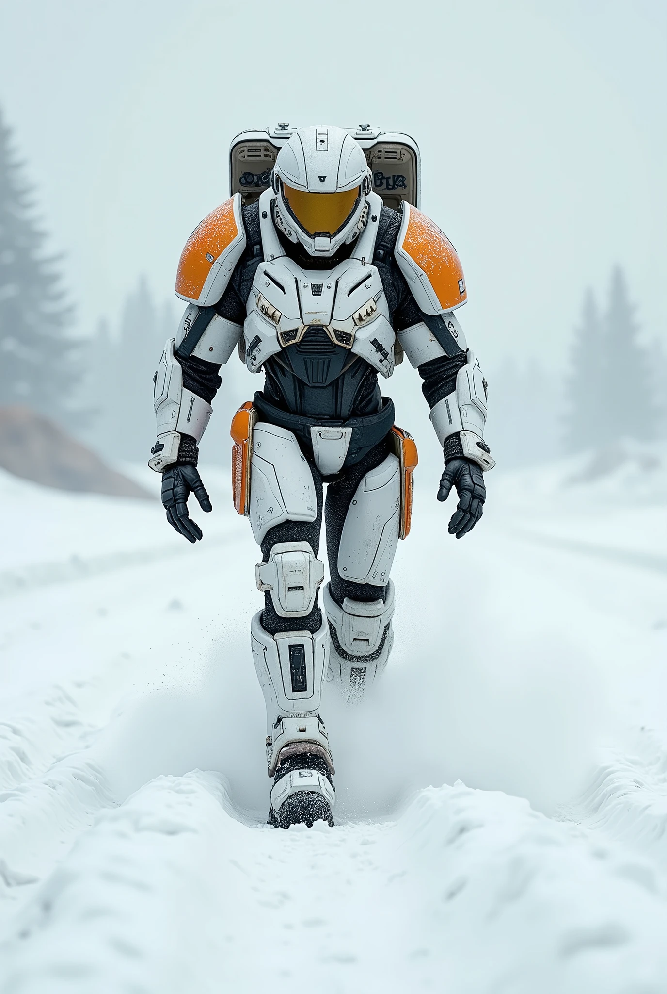 live-action、 real、 MILITARY POWERED SUIT、LARGE ARMOR 、 LARGE BACKPACK 、white and orange color 、Advance through a snowy field on an infinite trajectory on the back of your foot、snow smoke、forward bend posture、