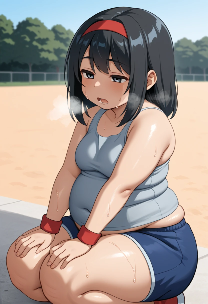 KPYoriGirl, score_9, 1girl, solo, outdoors, in school, oversized gray tanktop, blue shorts, bending ovet pose, tired, half body, sweaty, out of breath, dripping sweat, wet with sweat, open mouth, hands on knees, chubby, slightly obese, black hair, red handband