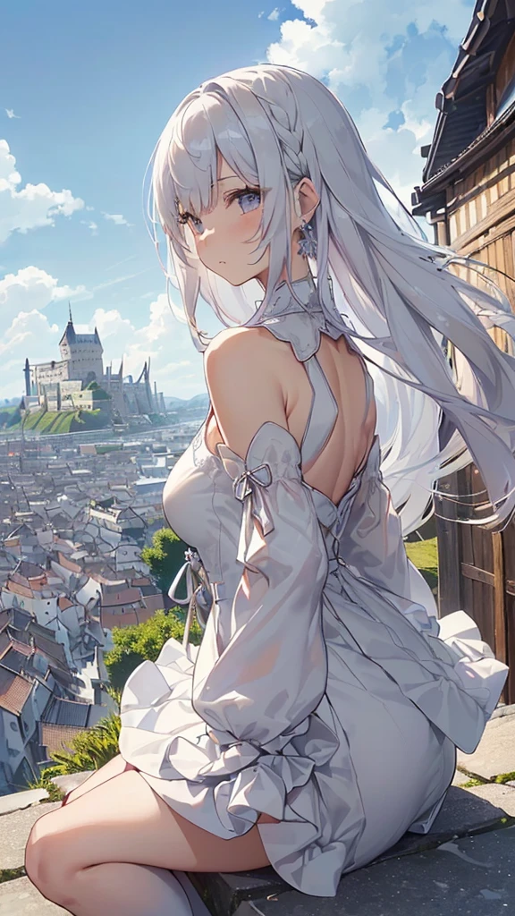 (best qualtiy:1.3),(tmasterpiece:1.1),(illustratio:1.2),(ultra - detailed:1.2),beatiful detailed eyes,(gotik:1.2),(extremely detailed background:1.1),(ln the forest:1.2) ,(mont),natta,a moon,Castle on the distant hill,(stooped:1.3),(hindquarters:1.2),back to look back,(Raise your ass:1.2),(Close to the butt:1.3),(1girl in balcony:1.4),Balcony railings,(wariza:1.2),(Sat down:1.3) (1girl:1.3),(solo:1.3),(White hair),(Long hair:1.1),full bodyesbian,White stockings,gossamer,shift dresses,Tights,The back is cutout,Clothing cutouts,