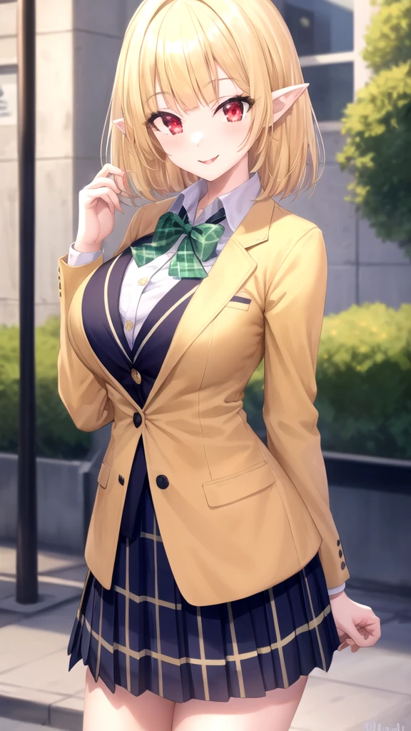 masterpiece, best quality, high quality, girl, solo, looking at viewer, gasper_vladi, pointy ears, blonde hair, red eyes, large breasts, school uniform, green bowtie, blazer, yellow jacket, long sleeves, plaid skirt, green skirt, standing, cowboy shot, outdoors, smile,