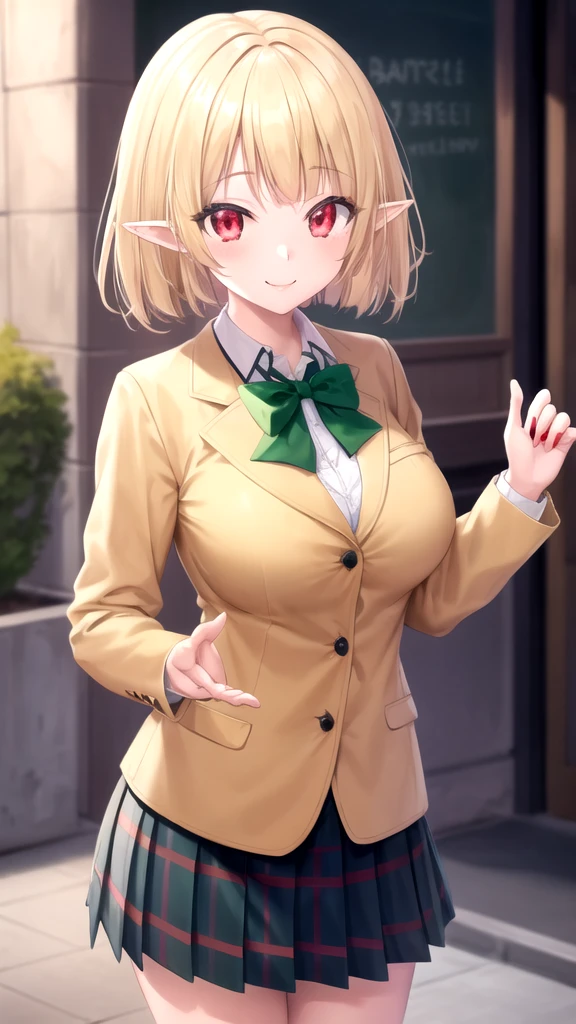 masterpiece, best quality, high quality, girl, solo, looking at viewer, gasper_vladi, pointy ears, blonde hair, red eyes, large breasts, school uniform, green bowtie, blazer, yellow jacket, long sleeves, plaid skirt, green skirt, standing, cowboy shot, outdoors, smile,