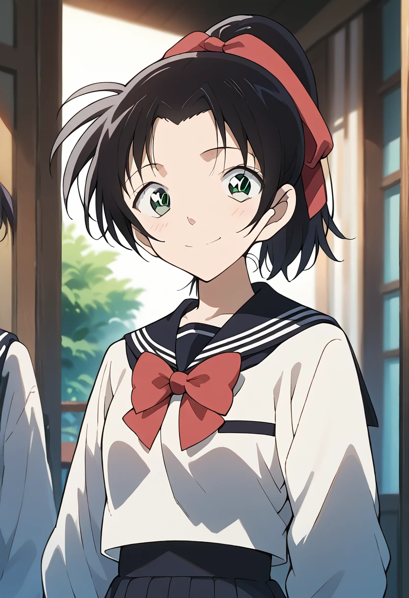 masterpiece, high definition , top quality ,8k
(tooyama kazuha,hair ribbon,ponytail,black hair,green eyes)
(white and black sailor suit,red bow tie) Embarrassing ,smile