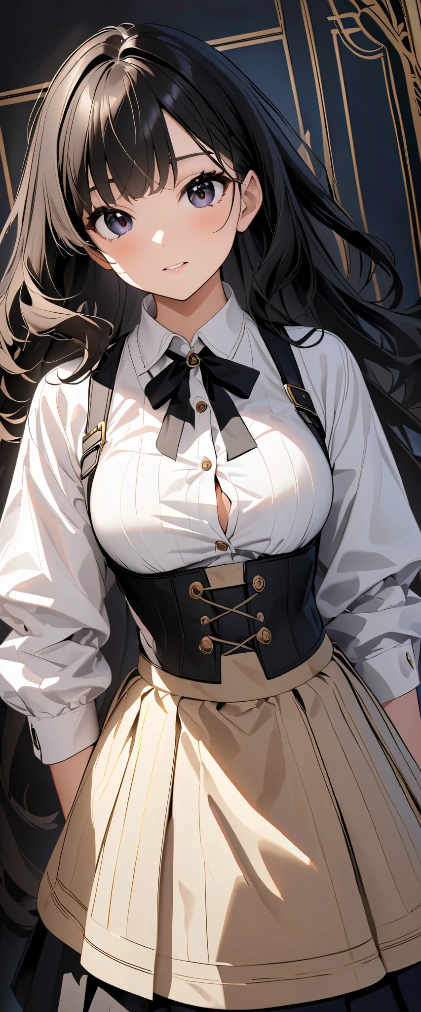(masterpiece:1.3), (best quality:1.3), (ultra-detailed), (high quality:1.3), (high resolution), beautiful_detailed_face, 1girl, solo, beret, black hair, long straight hair, hairclip, large breast, white collared shirt, black underbust, white long skirt, brown eyes, beach