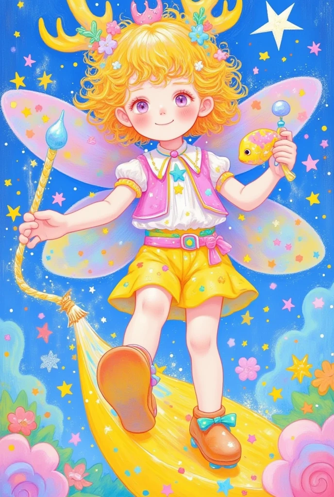  A painting holding a magic wand and a fish,  cute detailed digital art , Lovely art style,  Fairy tale illustration style , 可爱的数字艺术,  a beautiful art illustration ,  colorful illustration,  可爱的细节艺术品 ,  Has magical powers,  cute illustration ,  fantasy art style ,  cute digital painting , Bright witch, Shining Magical Girl , magic world.  colorful