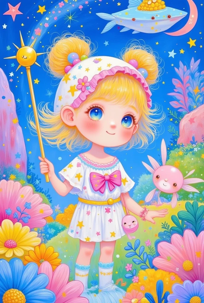  A painting holding a magic wand and a fish, Ni Duan's storybook illustration, ArtStation, Fantasy Art,  cute detailed digital art , Lovely art style,  Fairy tale illustration style , 可爱的数字艺术,  a beautiful art illustration , Colorful illustration,  可爱的细节艺术品 ,  Has magical powers,  cute illustration , Fantasy Art style