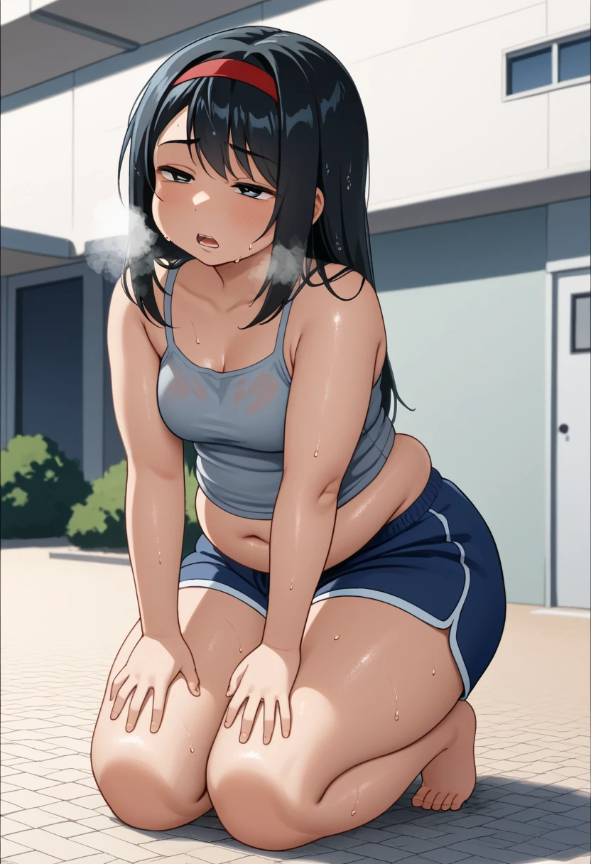 KPYoriGirl, score_9, 1girl, solo, outdoors, in school, oversized gray tanktop, blue shorts, bending ovet pose, tired, half body, sweaty, out of breath, dripping sweat, wet with sweat, open mouth, hands on knees, chubby, slightly obese, black hair, red handband