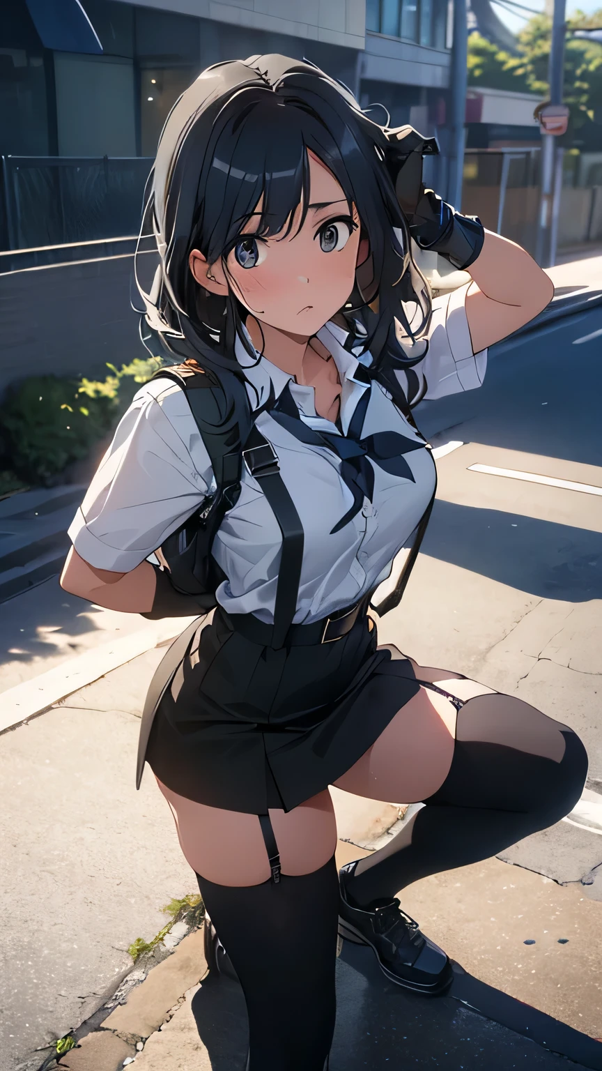  High Quality , masterpiece,  super high res, ( realism : 1.4),  oil painting style ,  movie lighting, ,  I stood on an empty asphalt road and watched it.., and、flying crane suspenders 　　 Big Breasts　 　 　　　　 small face 　 　　　　　　　　　　  lying on a bed 　 looks up　　　　sweat 　　　belt　buzzer　脇sweat 　 black hole gloves 　suit　　　　  miniskirt　garterbelt　Foot Link　ズボンのbelt　　　 　　 fold your hands on your back　  uneasy expression　 looks up　 uneasy expression　Knee-length　 knee socks　Knee-length socks garter belt　garter　Garterbelt on thighs,  fold your hands on your back　　restrict　handcuffs　Cable ties　Cable ties on thumbs
