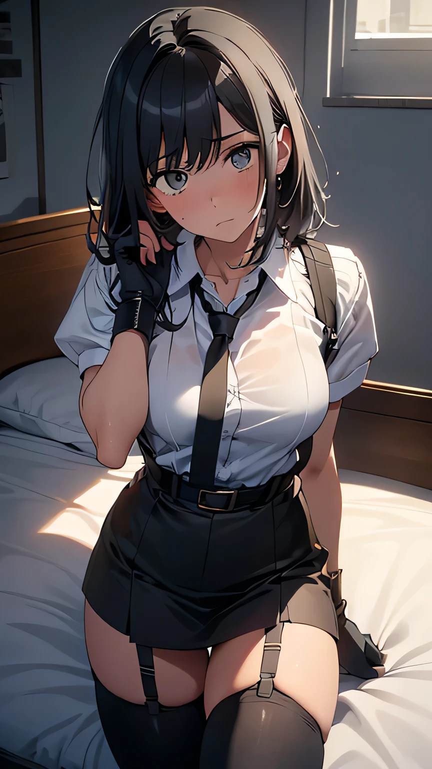 High Quality , masterpiece, super high res, ( realism : 1.4), oil painting style , movie lighting, , I stood on an empty asphalt road and watched it.., and、flying crane suspenders Big Breasts small face lying on a bed looks up sweat belt buzzer 脇sweat black hole gloves suit miniskirt garterbelt Foot Link ズボンのbelt fold your hands on your back uneasy expression looks up uneasy expression Knee-length knee socks Knee-length socks garter belt garter Garterbelt on thighs, fold your hands on your back restrict handcuffs Cable ties Cable ties on thumbs