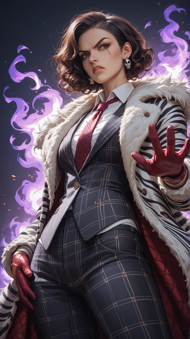 score_9, score_8_up, score_7_up, score_6_up, masterpiece, best quality, intricate details, 1girl, skinny, tall, curly bob cut hair \(white highlight, zigzag pattern\), earrings, old lady, large fur coat \(fluffy, zebra pattern\), chequered vest, necktie \(zebra pattern\), red slack pants, red glove, standing, angry stare, eye scar, one glowing red eye, one dark brown eye, skull necklace, low angle, holding purple fire, purple fire, purple light, dark background,