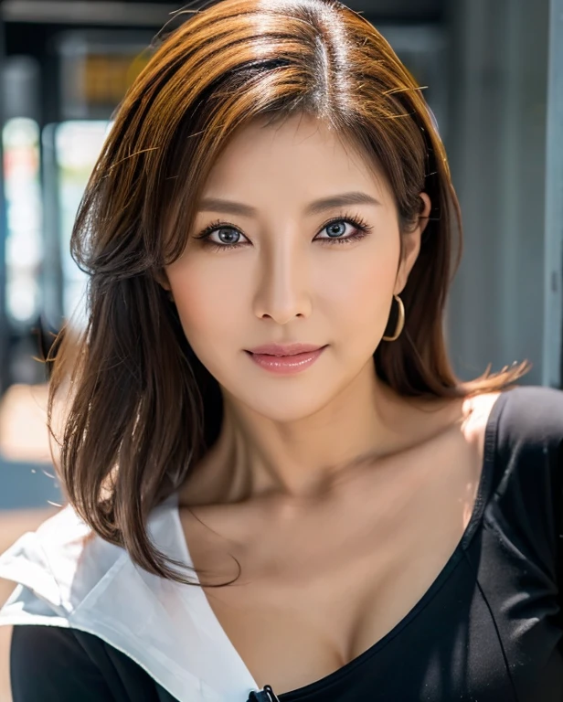 8k、 High Quality 、 Realistic Photo Images 、45 years old、 Japanese women、 raises the corners of the mouth,  facial wrinkles, Rough skin, 鼻筋の通った beautiful face,  her face is facing here,  cleavage,  career woman,  Office Lady,  camisole,  tank top, leggings, White wall office, (( beautiful face)), ( adult woman), ( mature woman),  cowboy shot, The composition is up to the thighs,