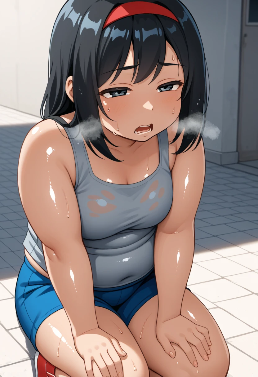 KPYoriGirl, score_9, 1girl, solo, outdoors, in school, oversized gray tanktop, blue shorts, bending ovet pose, tired, half body, sweaty, out of breath, dripping sweat, wet with sweat, open mouth, hands on knees, chubby, slightly obese, black hair, red handband, Sweat, shiny skin