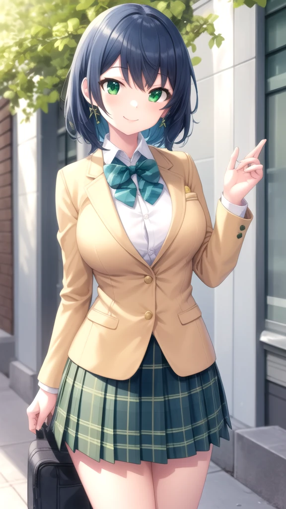 masterpiece, best quality, high quality, girl, solo, looking at viewer, touya_mochizuki, black hair, blue hair, large breasts, school uniform, green bowtie, blazer, yellow jacket, long sleeves, plaid skirt, green skirt, standing, cowboy shot, outdoors, smile,