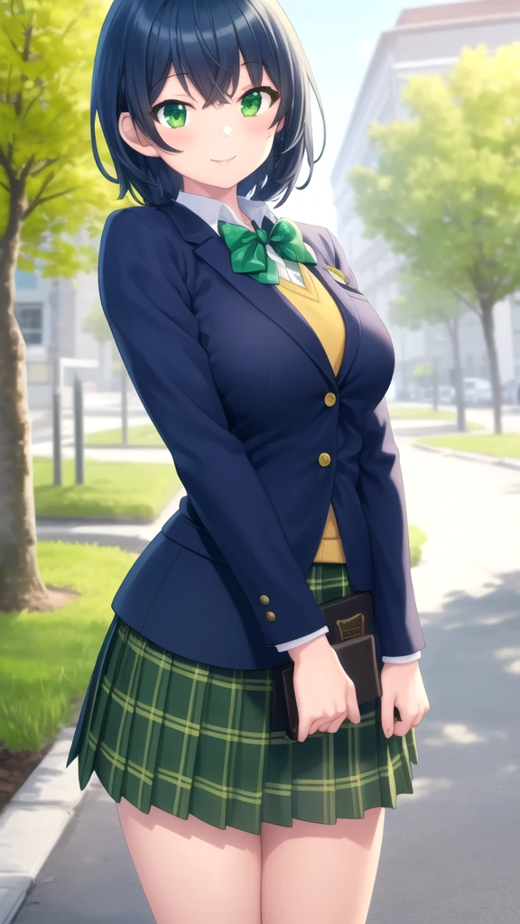 masterpiece, best quality, high quality, girl, solo, looking at viewer, touya_mochizuki, black hair, blue hair, large breasts, school uniform, green bowtie, blazer, yellow jacket, long sleeves, plaid skirt, green skirt, standing, cowboy shot, outdoors, smile,