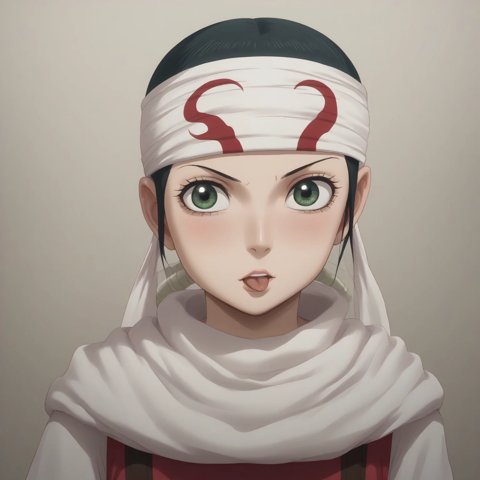 1 child bob cut, pixie cut, blush, tongue  masterpiece, super detail, high details, high quality, best quality, highres, 1080P, 8k, 16k  very accurate clothingscore_9, score_8_up, score_7_up, ((cowl)) ((headband on forehead)) detailed clothing beautiful girl  