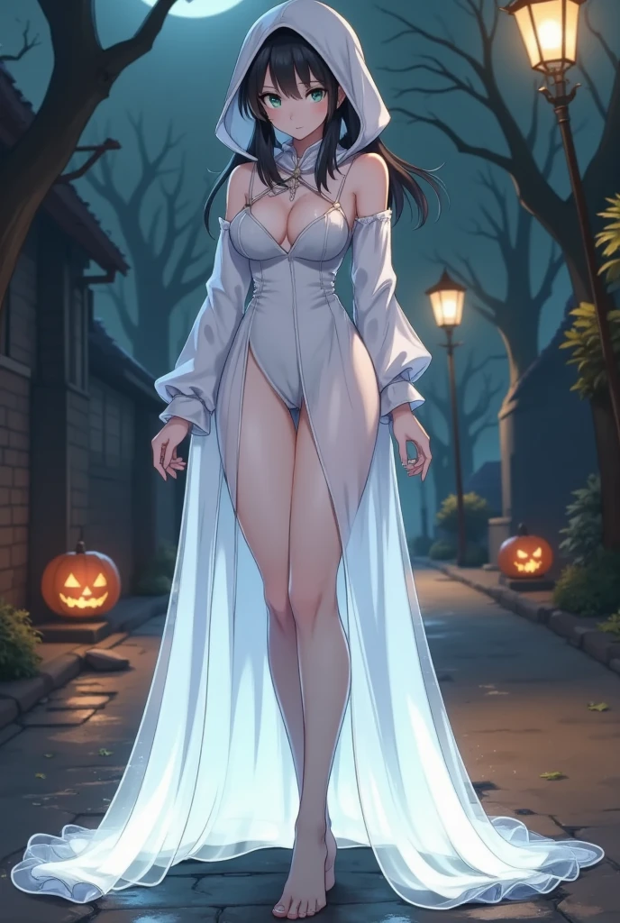  (A (severus snape's daughter:(european girl,black hair, green eyes)Ghosts，masterpiece，best quality，high quality，8k，highres，photorealistic，best masterpiece，Ultra high resolution，ultra detailed details，overhead shot， a girl，Thin waist，perky buttocks，Slim figure，tall and slender，whole body，Big breasts， Wear a long white dress that covers theTight fitting whole body's skin，The material of the dress can pass through the light. There is a large hood on the head that covers the head，face and arms. There is a lovely ghost expression on the hood. Two curved black eyes and lovely powder blusher cover the whole body's skin，Cute arm movements，Legs apart，knees forward，Lift your arms apart， At night，Outline light，on the roadside，with a Halloween atmosphere，Large area，strong light，backlight from bottom to top，Backlight exposure，legs slightly open，and the light passes through the clothes showcasing long legs，Light up the long legs inside the clothes，The light is blocked by someone，Light passes through the inner thigh,