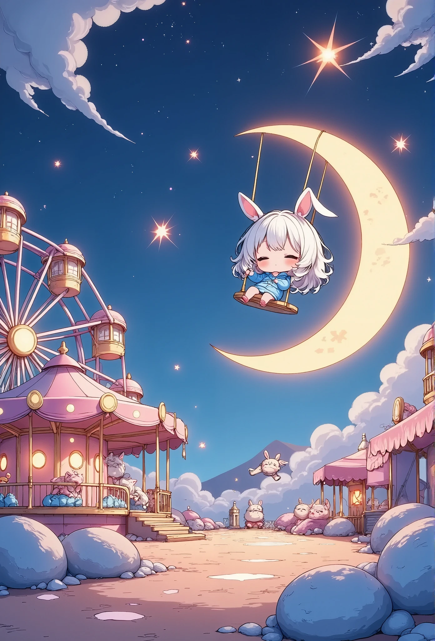 masterpiece, best quality, 8k, highres, ultra-detailed, HDR, UHD, ultra-fine painting, chalk art style, whimsical night carnival, trk,floating ferris wheel in the starry sky, glowing neon chalk outlines, colorful fireworks bursting in the background, soft pastel textures, dreamy and magical atmosphere, crescent moon with swings hanging from it, tiny chibi girl riding the swings, vibrant carousel with chalk-drawn animals, swirling clouds blending with the starry sky, glowing pathways made of chalk trails, playful and surreal composition, intricate chalk details, chalkdust