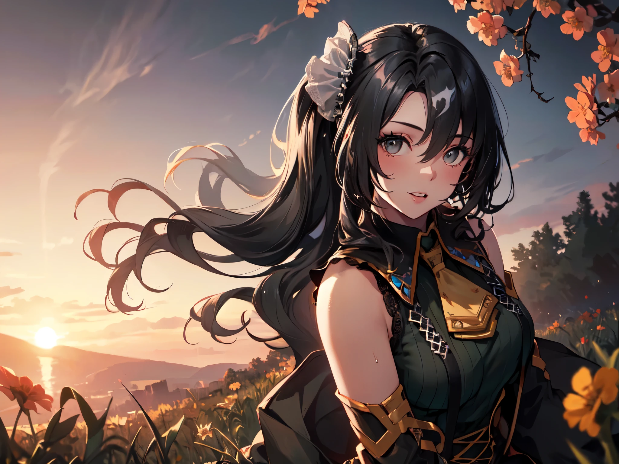 (Solo:2), (One young woman:2), (Small butt, small breasts, exposed armpits), cleavage, (Human ears, earrings), (Black hair:2), (Medium long hair:2), Low ponytail with big ribbon, earrings, (Face to face sitting position:2), (Modest toothy smile), (Sexy jacket), (Sexy shorts), (Sexy suspenders), Silver tiara, (Milky sweat), (Grassland surrounded by lots of red flowers), (Sunset), (Focus on breasts), (Precise body, Precise fingers, Best quality, High resolution, 8K, High quality, Detailed, Delicate, Detail)