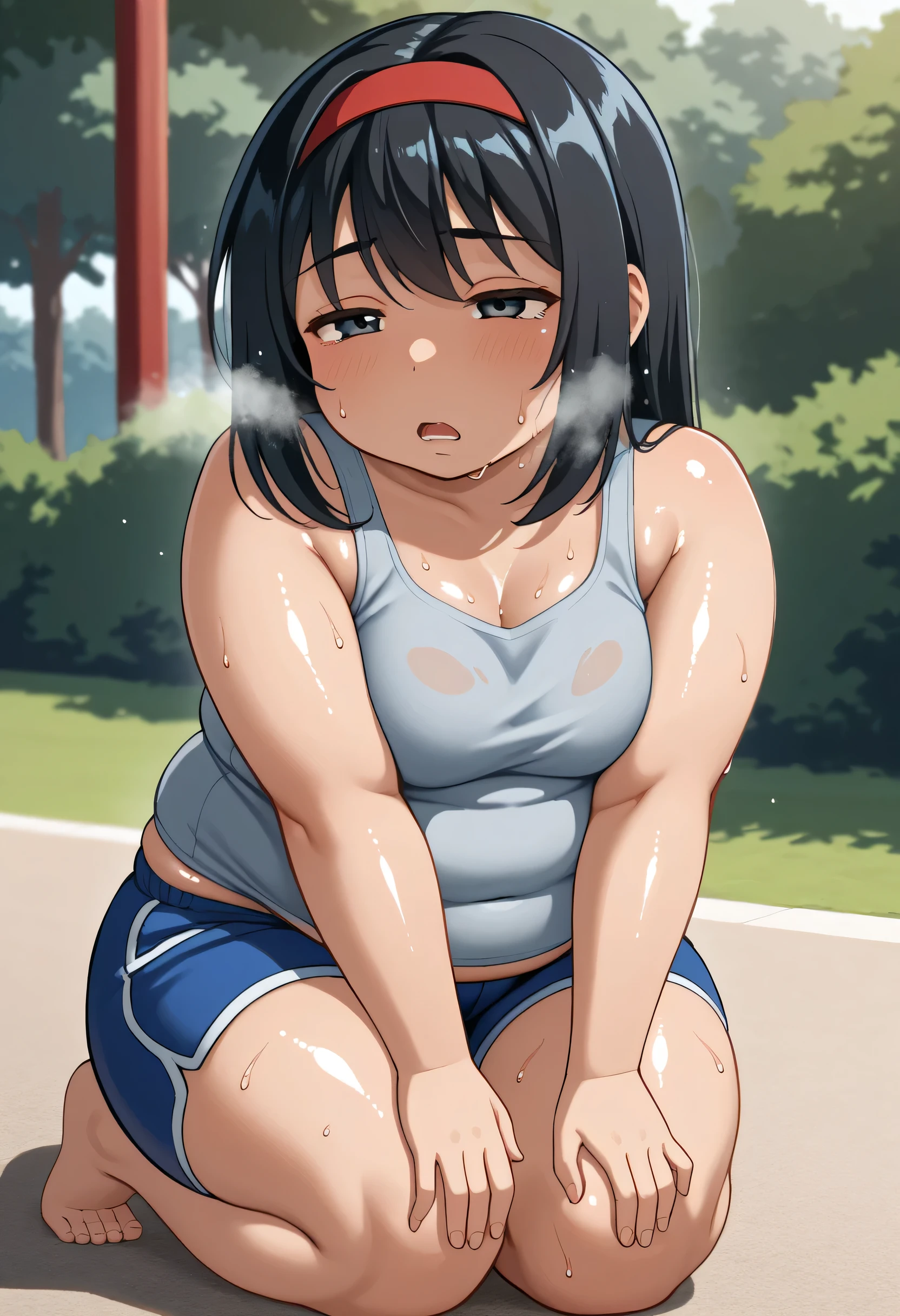 KPYoriGirl, score_9, 1girl, solo, outdoors, in school, oversized gray tanktop, blue shorts, bending ovet pose, tired, half body, sweaty, out of breath, dripping sweat, wet with sweat, open mouth, hands on knees, chubby, slightly obese, black hair, red handband, Sweat, shiny skin