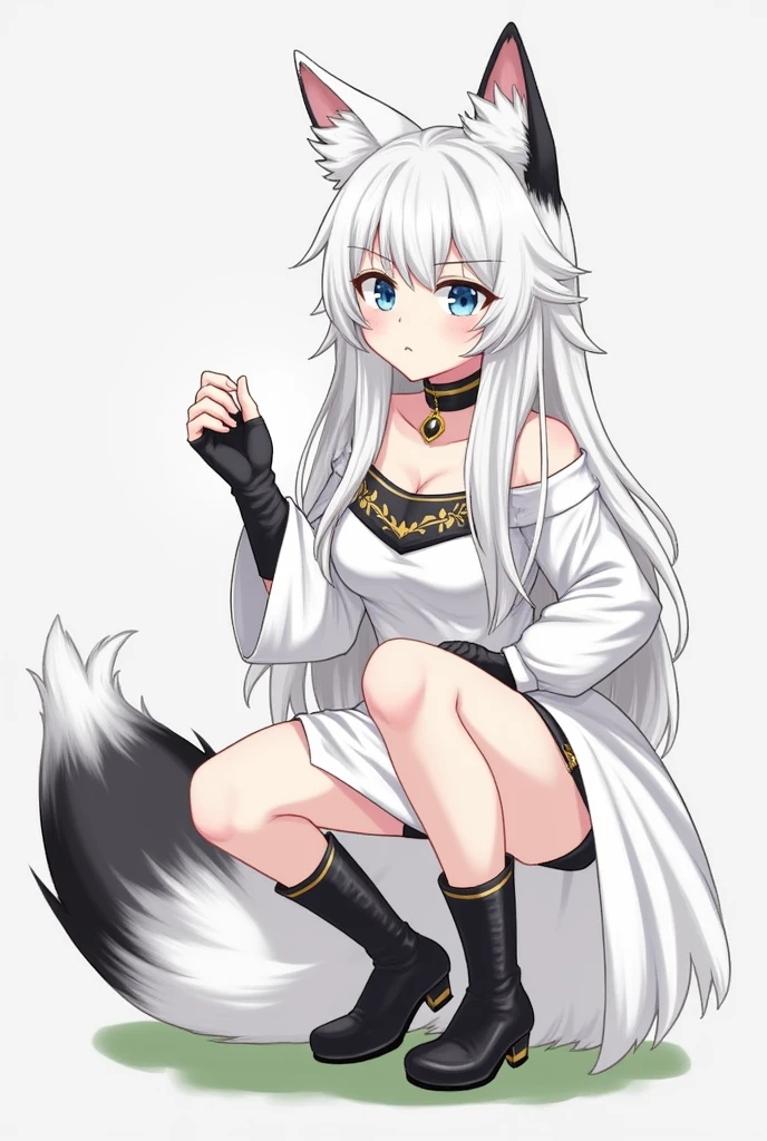 fox girl, solo, white hair, long hair, red eyes, animal ear fluff, 1girl, white fox tail, animal ears, fox ears, full body, tail, looking at viewer, hair between eyes, chibi