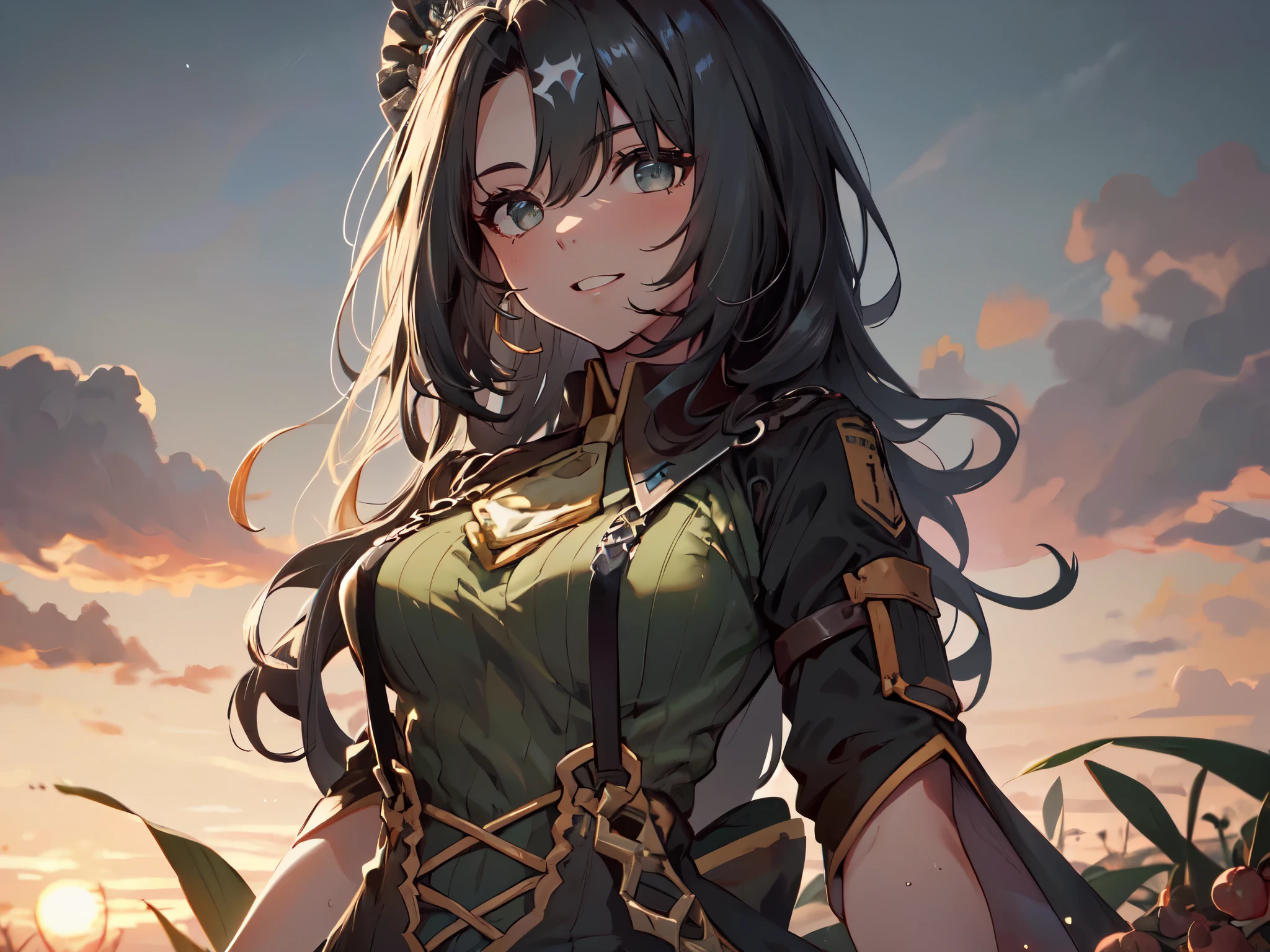 (Solo:2), (One young woman:2), (Small buttocks, small breasts), Cleavage, (Human ears, earrings), (Black hair:2), (Medium long hair:2), Low ponytail with big ribbon, Earrings, (Manguri gaeshi:2), (Modest toothy smile), (Sexy jacket), (Sexy shorts), (Sexy suspenders), Silver tiara, (Milky sweat), (Grassland surrounded by lots of red flowers), (Sunset), (Focus on breasts), (Body structure, Best quality, High resolution, 8K, High quality, Detailed, Delicate, Details)