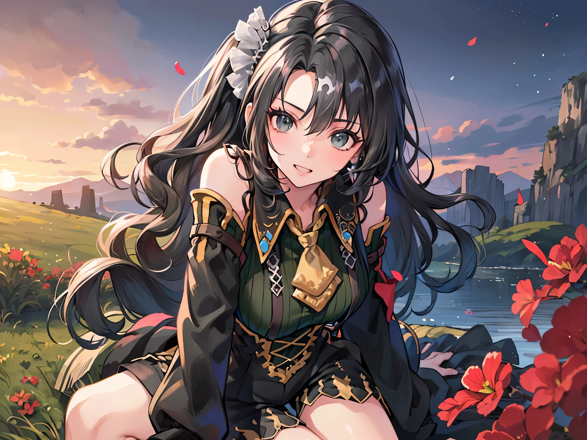 (Solo:2), (One young woman:2), (Small butt, small breasts), Cleavage, (Human ears, earrings), (Black hair:2), (Medium long hair:2), Low ponytail with big ribbon, Earrings, (Face to face sitting position:2), (Modest toothy smile), (Sexy jacket), (Sexy shorts), (Sexy suspenders), Silver tiara, (Milky sweat), (Grassland surrounded by lots of red flowers), (Sunset), (Focus on breasts), (Body structure, Best quality, High resolution, 8K, High quality, Detailed, Delicate, Details)