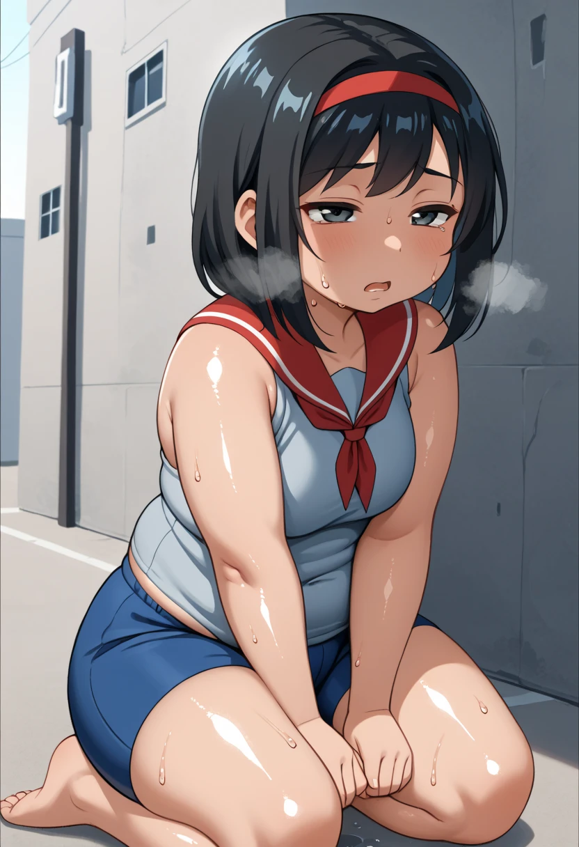 KPYoriGirl, score_9, 1girl, solo, outdoors, in school, oversized gray tanktop, blue shorts, bending ovet pose, tired, half body, sweaty, out of breath, dripping sweat, wet with sweat, open mouth, hands on knees, chubby, slightly obese, black hair, red handband, Sweat, shiny skin