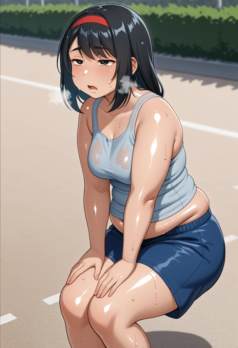 KPYoriGirl, score_9, 1girl, solo, outdoors, in school, oversized gray tanktop, blue shorts, bending ovet pose, tired, half body, sweaty, out of breath, dripping sweat, wet with sweat, open mouth, hands on knees, chubby, slightly obese, black hair, red handband, Sweat, shiny skin