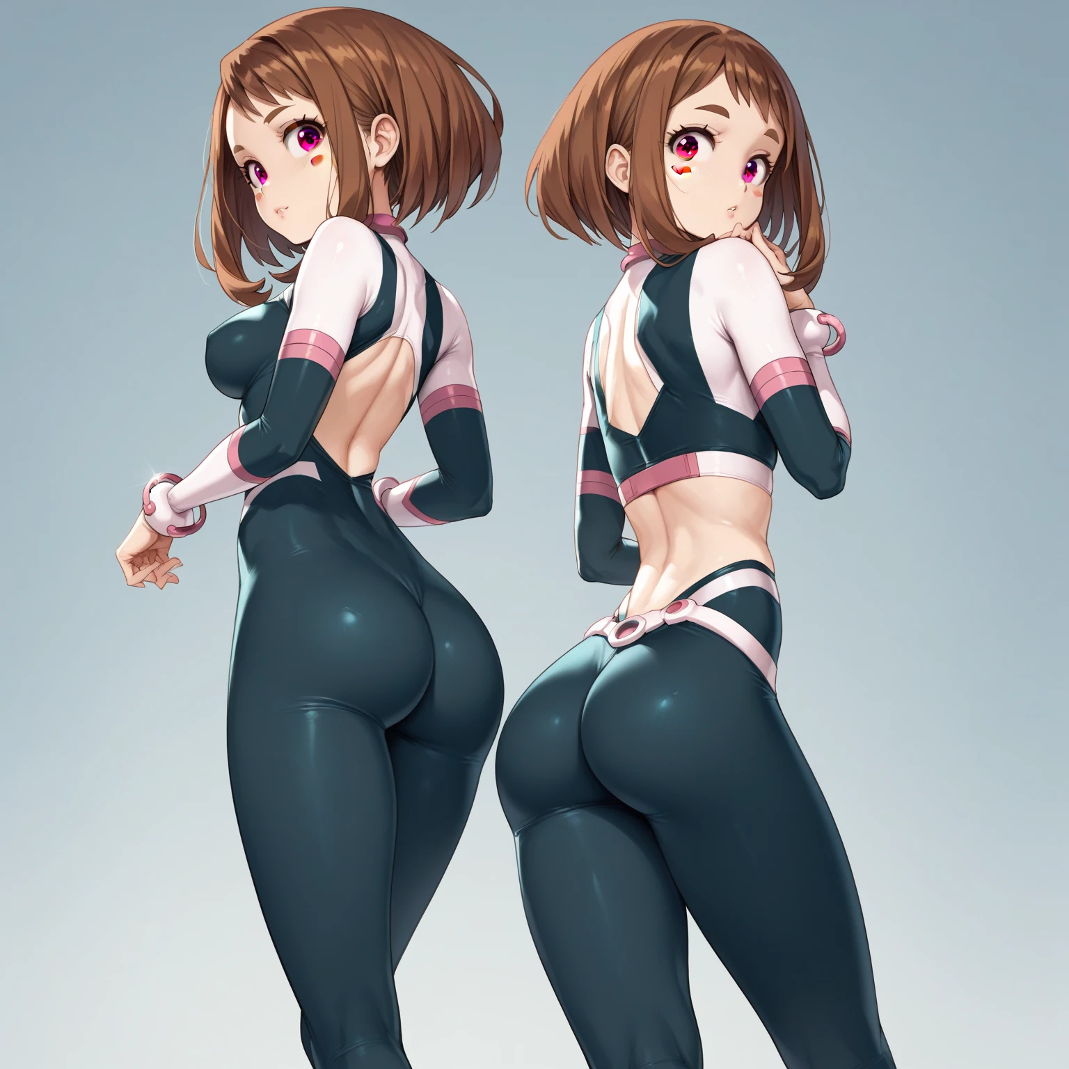 (side angle), ochako uraraka, brown eyes, brown hair, (aego)short hair, blush, blush stickers, bodysuit, skin tight, superhero, slender body, tiny waist. sexy body, sexy figure, slim legs, slim figure, sexy, tiny waist, desireable, tempting, lust, butt, back view, back, dos, fesses , yoga pants, poches arrières pantalon, bottes noires 