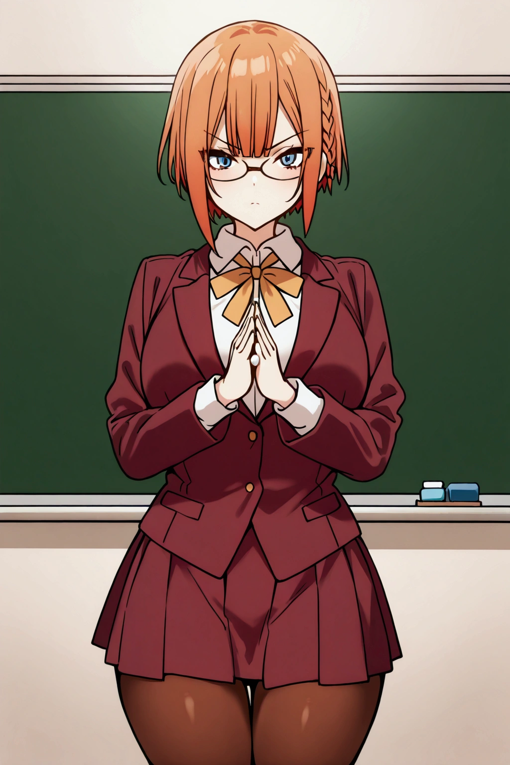  alone, girl, Ogata Rizu, orange hair, bob hair cut, glasses, serious face, big chest G cup, blue eyes, burgundy school jacket, white shirt, school ribbon, burgundy school skirt, brown stockings, chalk in her hand, pizzaron, mathematical calculations, classroom, femenine pose, perfect scene, masterpiece, score 10, anime colors, american shot, beautiful, composition, harmony, high quality, beautiful, feminine