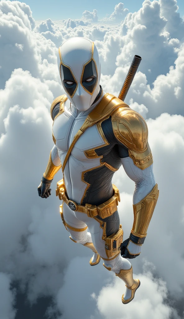 High Resolution, Masterpiece, Award Winning, Deadpool white and golden colour costume realistic shining and fly in sky 