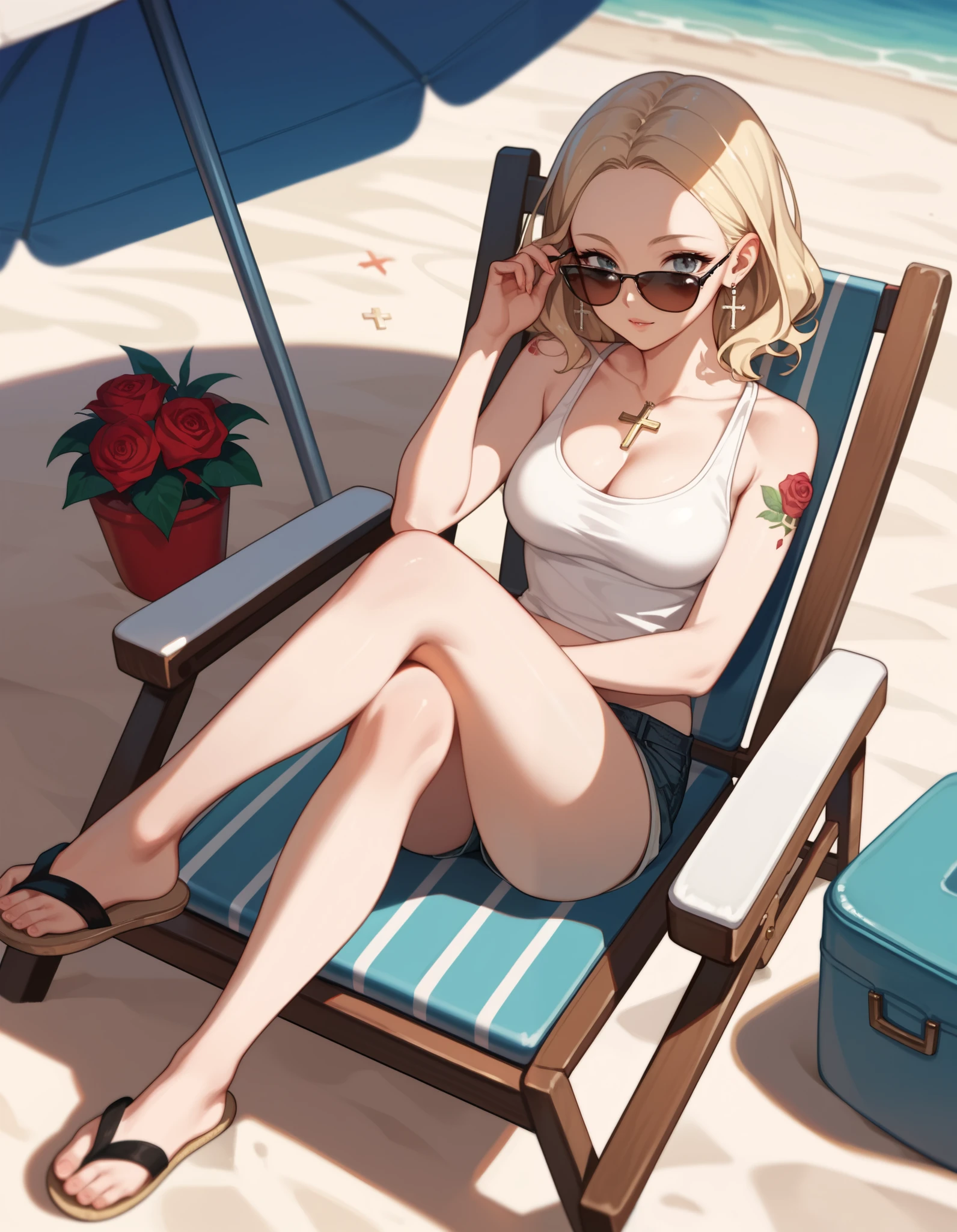 wide view, anime style, dynamic angle, hard light, blonde hair, short wavy hairstyle, 1 woman, tank top, short pants, rose tattoo on shoulder, sunglasses, flip flop, forehead, side, cleavage, ((cross her legs, sit on beach chair))