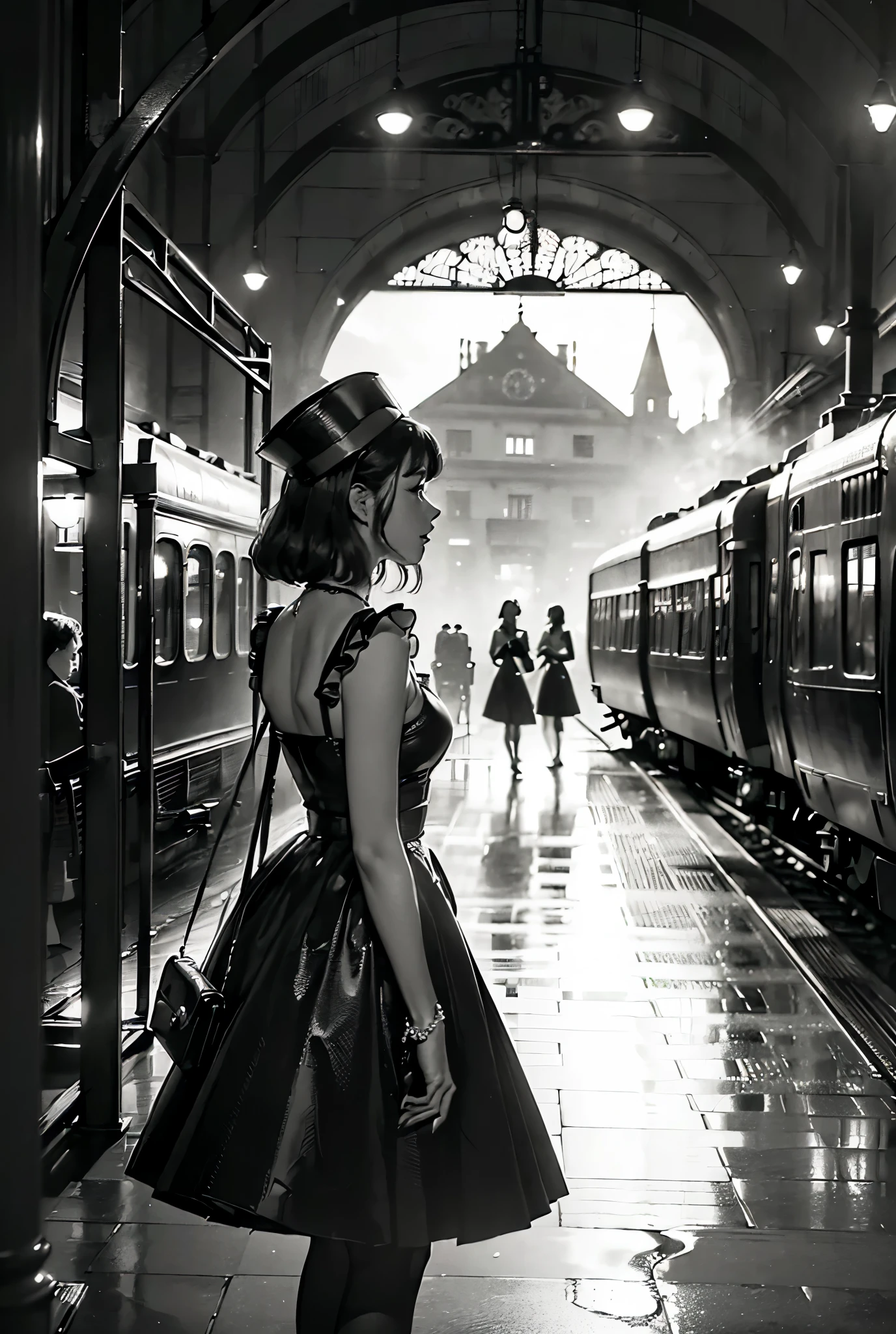 (( Monochrome 、 a scene from a 1950's movie))、( Europe、Terminal、terminal、Steam locomotive、 platform 、train、evening、Young Woman、Farewell、Life、trainに乗り込む女性)