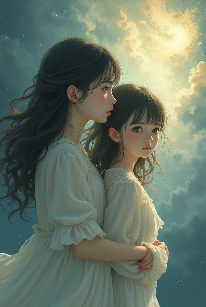 Two children sitting on a boat，There are stars in the sky, With stars, stars shining, cute artistic style, Guviz-style artwork,, beauttiful stars, cute artwork,， Twinkling stars, boys and girls, photo realistic style