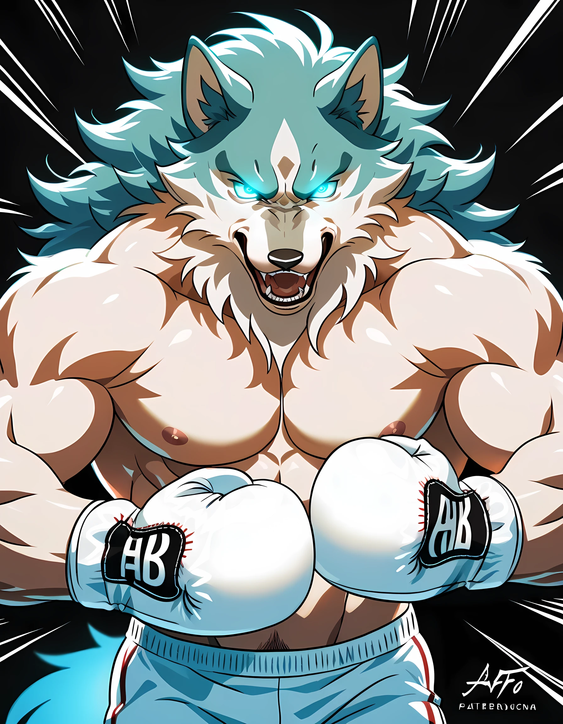 source_anime, cartoon, shirou ogami, white fur, wolf anthro, black background, detailed, (cel shaded, flat colors):1.5, half body, by wfa, confident, strong posture, heavyweight, muscular, very muscular, bulging arms:1.2, detailed eyes, shirtless, open mouth, stern face, white boxing gloves, punching, boxing pose, punching_the_viewer, jab_punch, speed lines, glowing eyes, looking at viewer